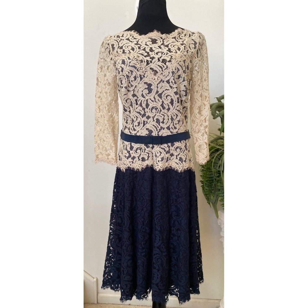 NWT Tadashi Shoji Women’s Latte/Navy Illusion Lace A-Line Dress Size 12, $329